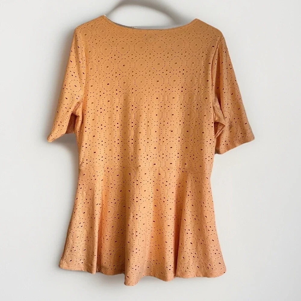 Isaac‎ Mizrahi Live Womens Orange Eyelet V Neck Short Sleeve Tunic Top M